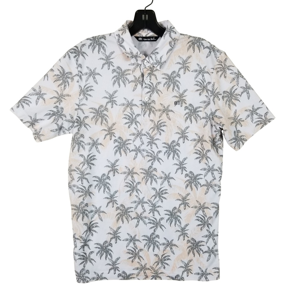 TravisMathew Polo Shirt Mens Small White Palm Tree Print Short Sleeve Golf Tee